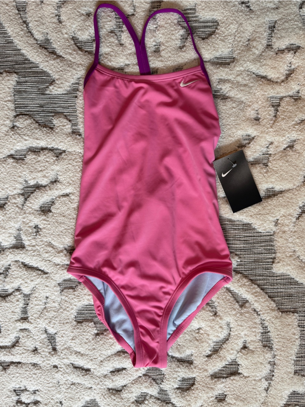 New NWT Nike Pink One-Piece Swimsuit with Purple Straps  girls Mdm (10/12)
